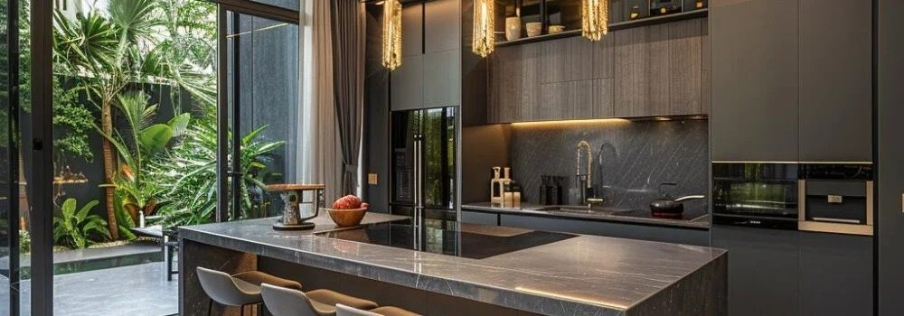 Coastal Townhomes dark kitchen with premium finishes